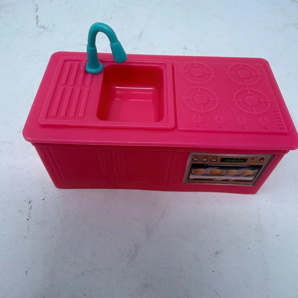 Pink Dollhouse Kitchen Counter Sink Stove Oven Miniature Furniture Accessory